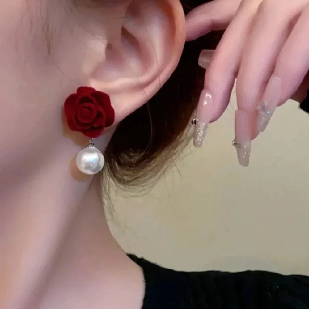 Red rose with faux pearl bead dangle drop earrings dressy date Christmas gift